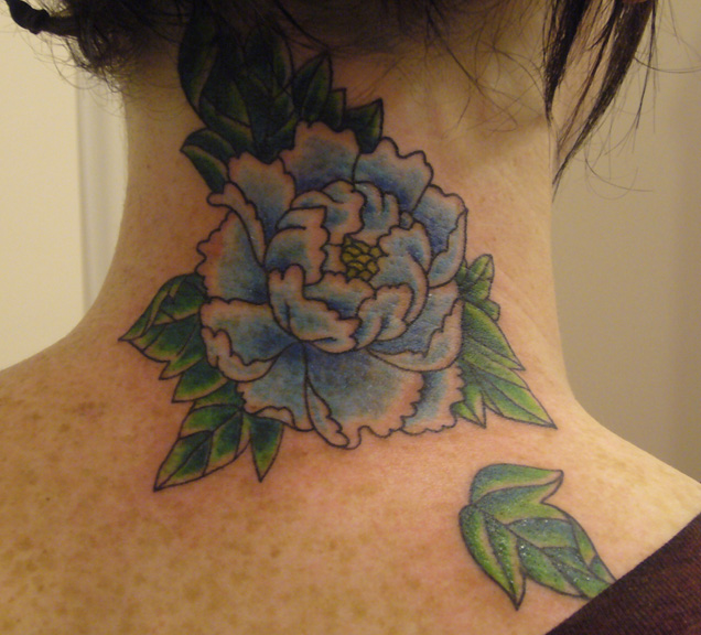 Blue Peony on neck cover tattoo by Jennifer Overbury