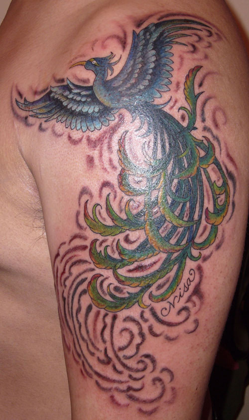 blue phoenix with mist tattoo by Jennifer Overbury